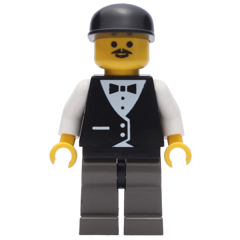 fig-008652 – Man, Black Vest over White Shirt with Tie, Dark Gray Legs, Black Cap, Moustache