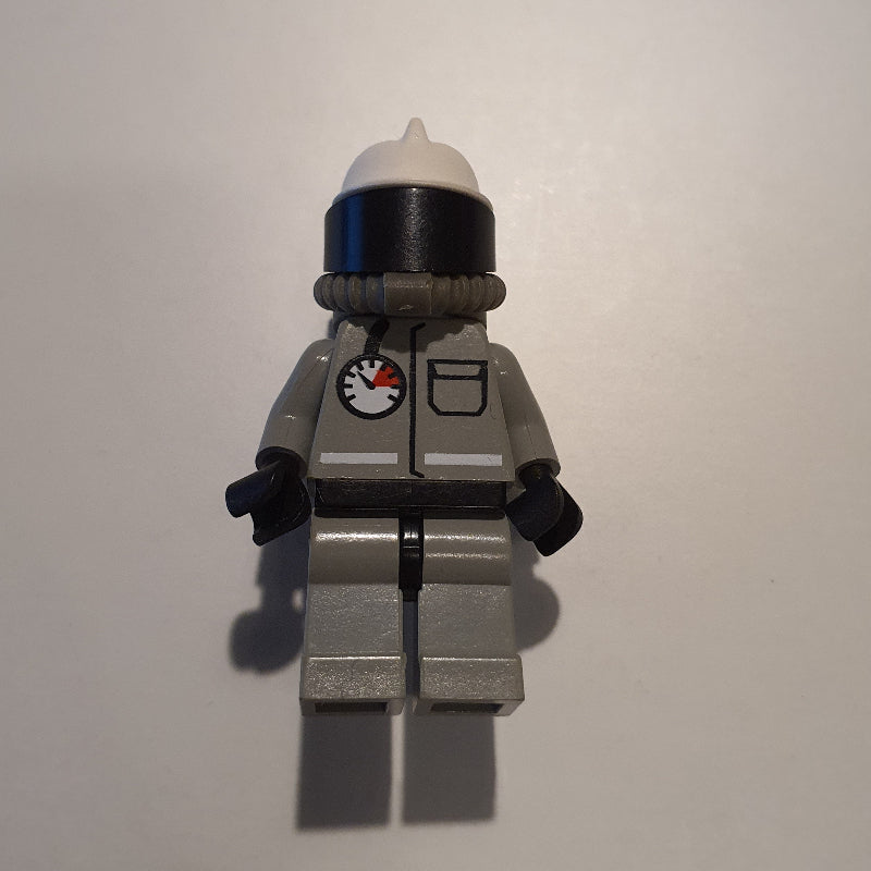 fig-008656 – Fireman, Light Gray Fire Suit with Gauge and Pocket, White Helmet with Visor, Breathing Apparatus, Airtanks, Moustache