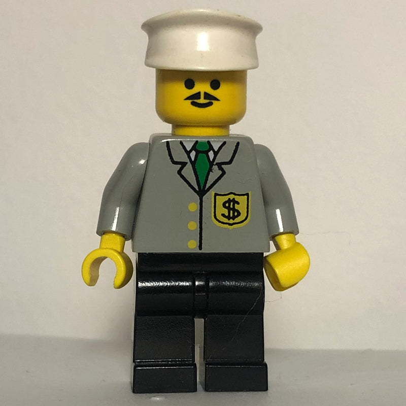 fig-008663 – Banker, Light Gray Jacket with Badge and Tie, Black Legs, White Hat, Moustache