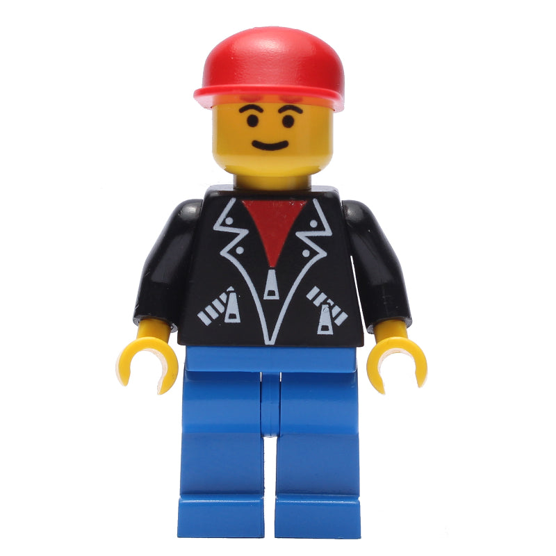 fig-008664 – Man, Open Black Jacket over Red Shirt, Blue Legs, Red Cap