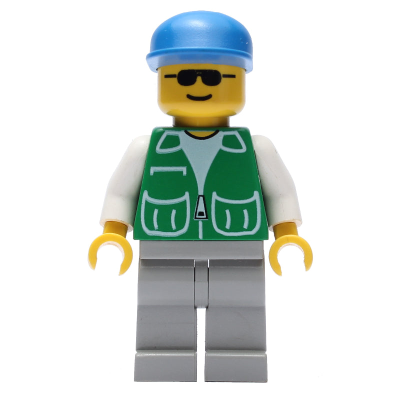 fig-008665 – Man, Green Jacket, Light Gray Legs, Blue Cap, Sunglasses