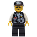 fig-008666 – Policeman, Black Vest with Badge and Pockets, Black Cap with 'POLICE', Sunglasses