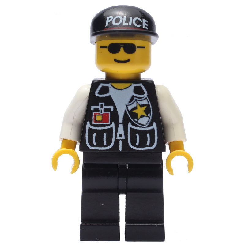 fig-008666 – Policeman, Black Vest with Badge and Pockets, Black Cap with 'POLICE', Sunglasses