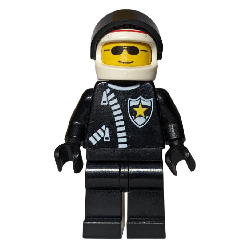 fig-008667 – Policeman, Black Jacket with Zipper and Badge, White Helmet with 'POLICE' and Black Visor, Sunglasses