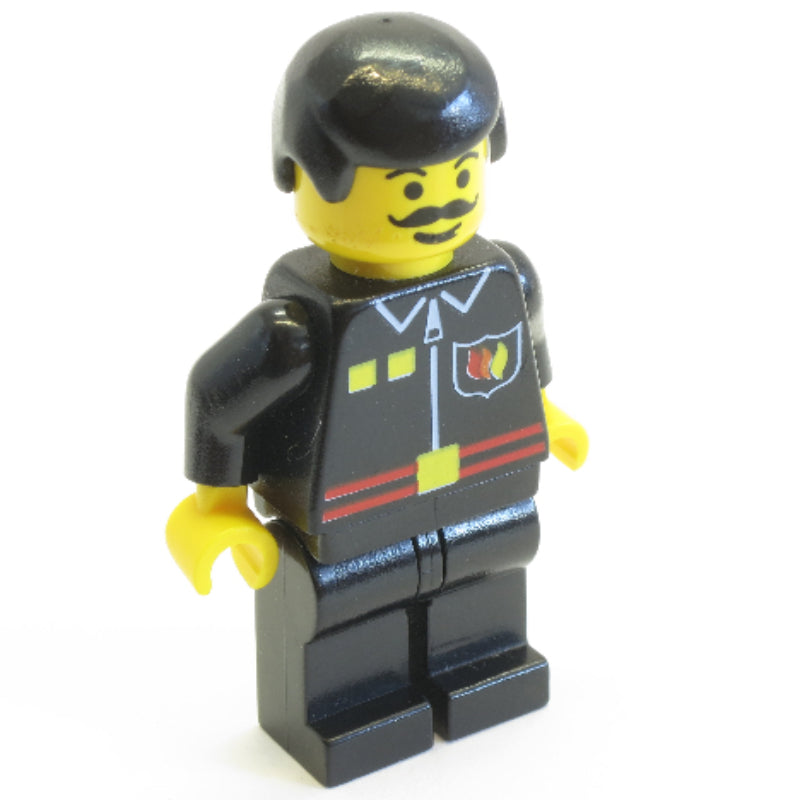 fig-008669 – Fireman, Black Fire Jacket with Red Belt and Badge, Black Hair, Moustache