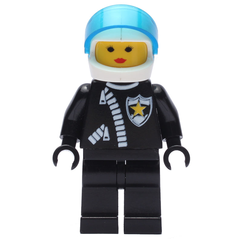 fig-008670 – Policewoman, Black Jacket with Zipper and Badge, White Helmet with Trans-Dark Blue Visor