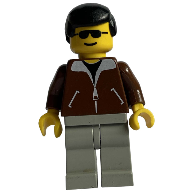 fig-008671 – Man, Brown Jacket, Light Gray Legs, Black Hair, Sunglasses