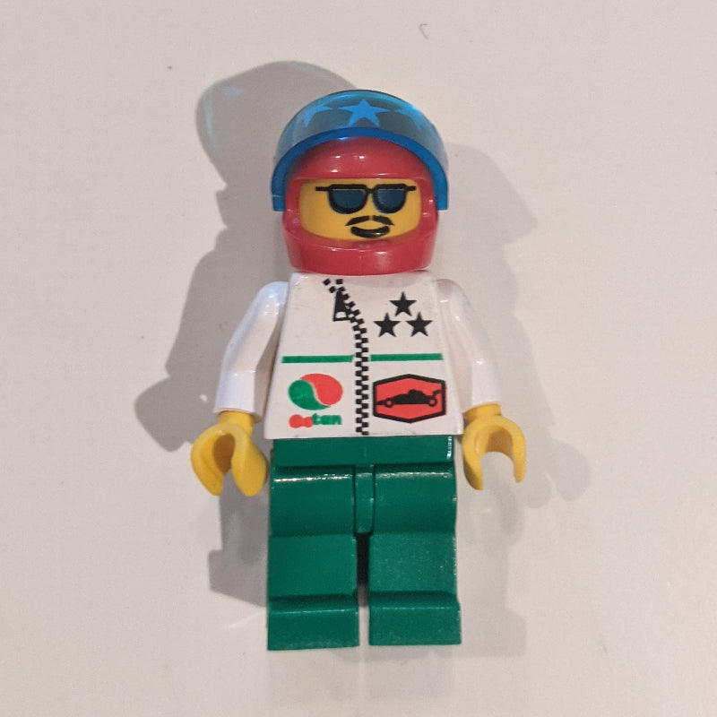 fig-008678 – Racer, White Jacket with Zipper, Red Helmet with Stars and Visor, Blue Sunglasses