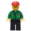 fig-008679 – Man, Green Jacket with Zipper and Octan Logo, Red Cap