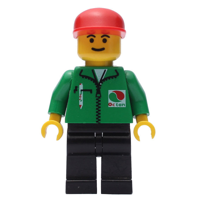 fig-008679 – Man, Green Jacket with Zipper and Octan Logo, Red Cap