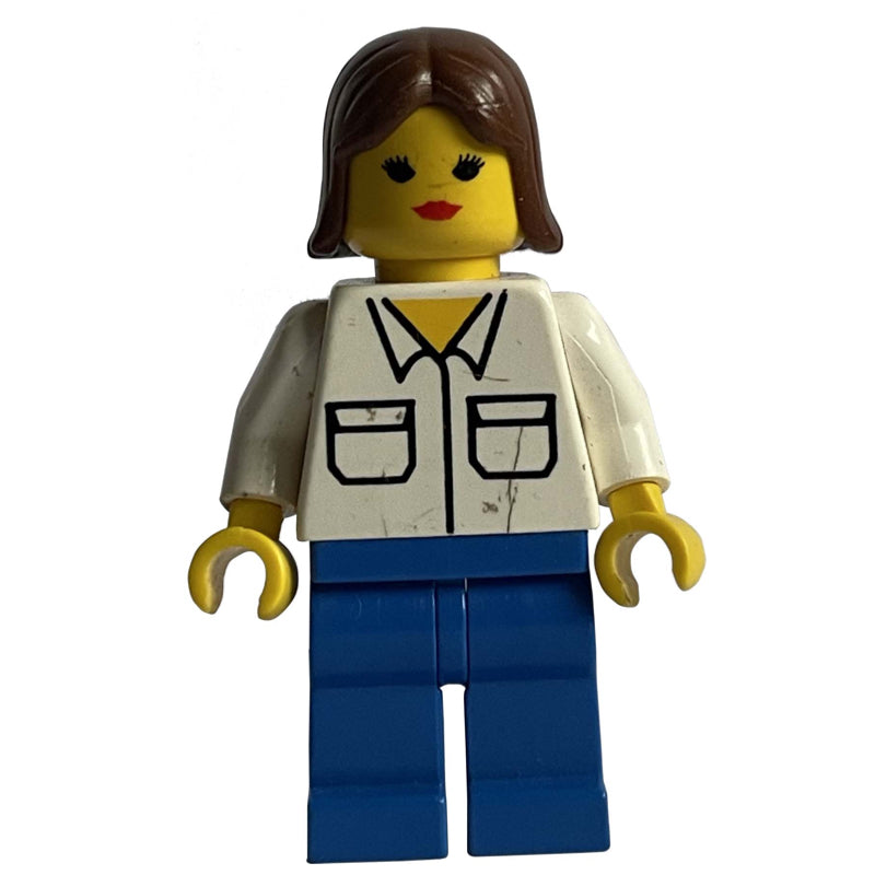 fig-008681 – Woman, White Shirt with Pockets, Blue Legs, Brown Hair