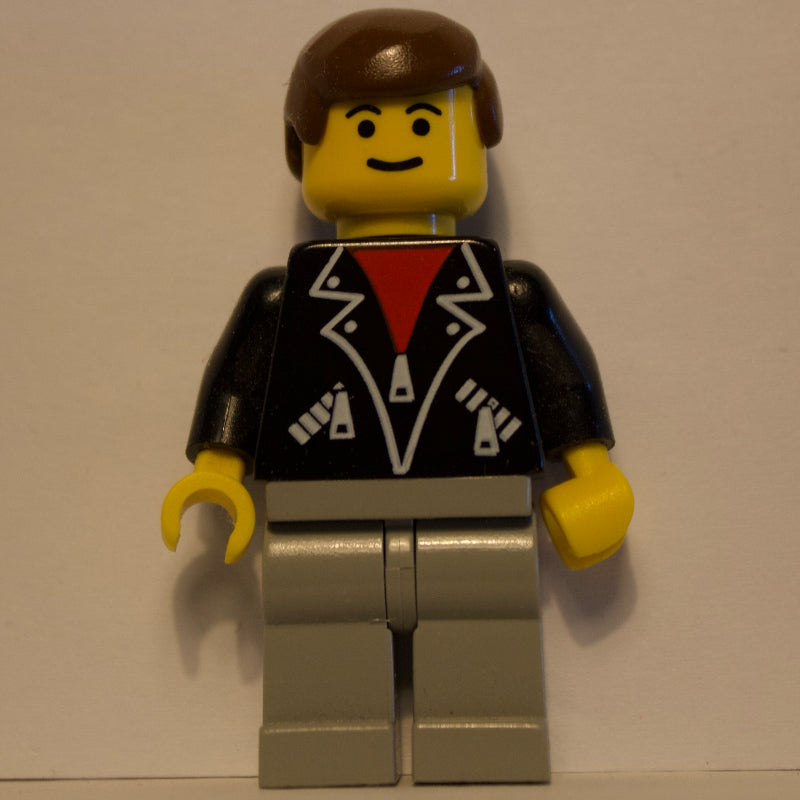 fig-008683 – Man, Open Black Jacket over Red Shirt, Light Gray Legs, Brown Hair