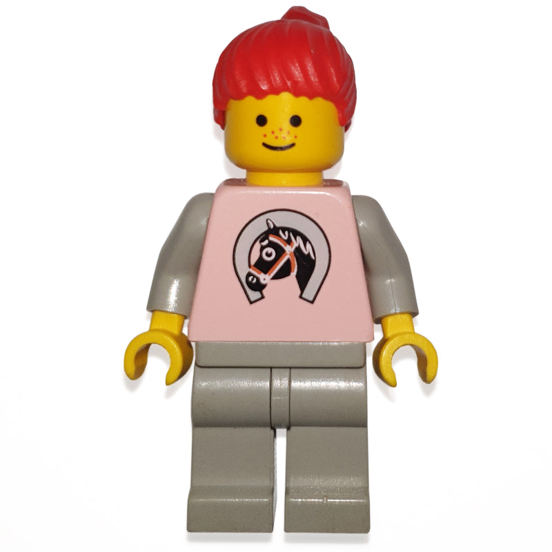 fig-008686 – Woman, Pink Top with Horse, Light Gray Legs, Red Hair