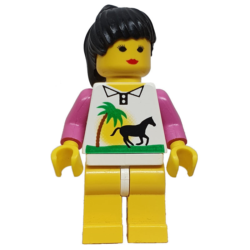 fig-008687 – Woman, White Shirt with Palm Tree and Horse, Yellow Legs, Black Hair