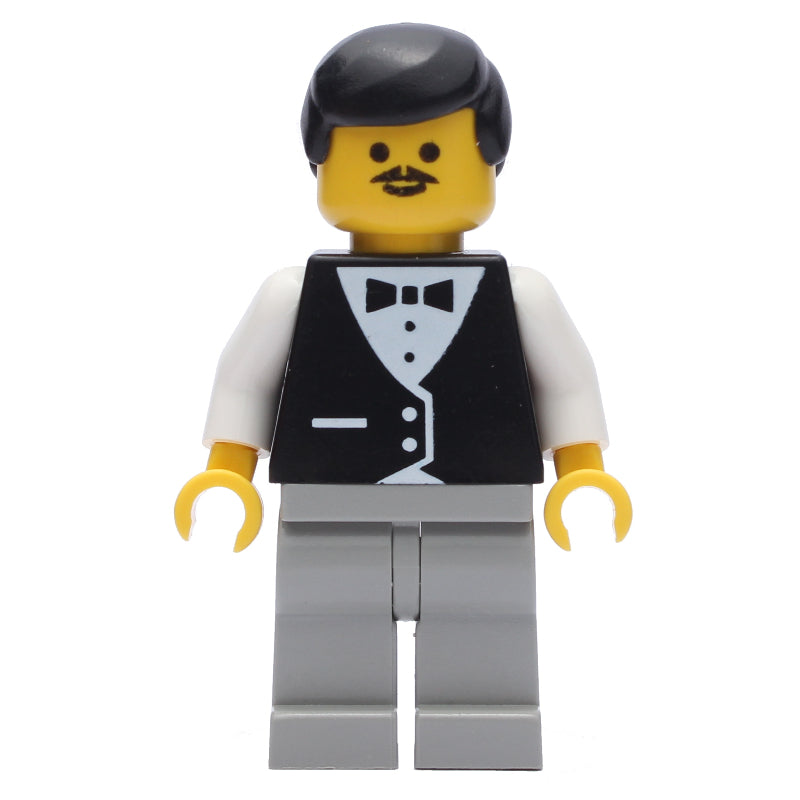 fig-008688 – Waiter, Black Vest over White Shirt with Bow Tie, Light Gray Legs, Black Hair, Moustache