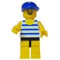 fig-008692 – Man Blue and White Striped Swimsuit, Blue Cap, Moustache