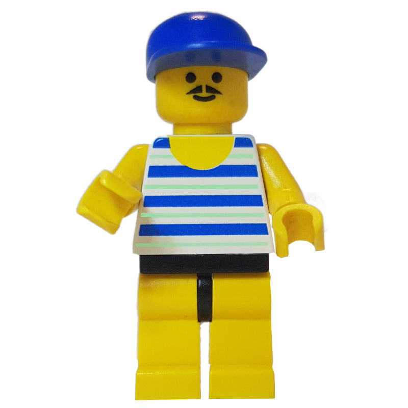 fig-008692 – Man Blue and White Striped Swimsuit, Blue Cap, Moustache