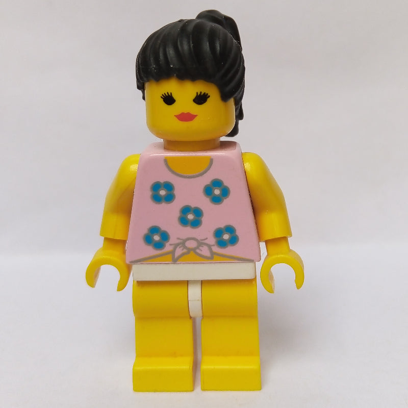 fig-008693 – Woman, Tied Pink Tank Top with Flowers, Yellow Legs, Black Hair