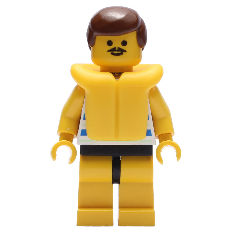 fig-008694 – Man, Blue and White Striped Swimsuit, Brown Hair, Yellow Life Vest, Moustache
