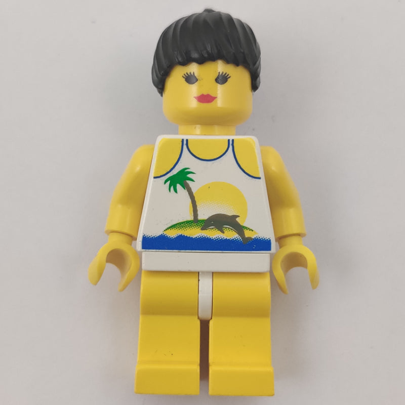 fig-008696 – Woman, White Swimsuit with Desert Island and Dolphin, Black Hair