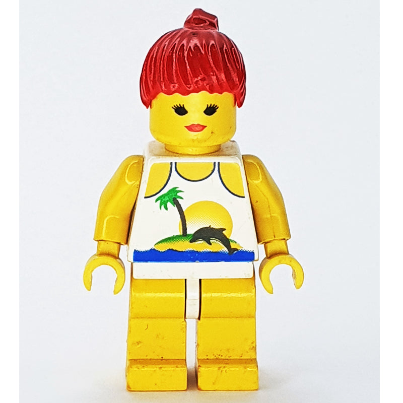fig-008699 – Woman, White Swimsuit with Desert Island and Dolphin, Red Hair