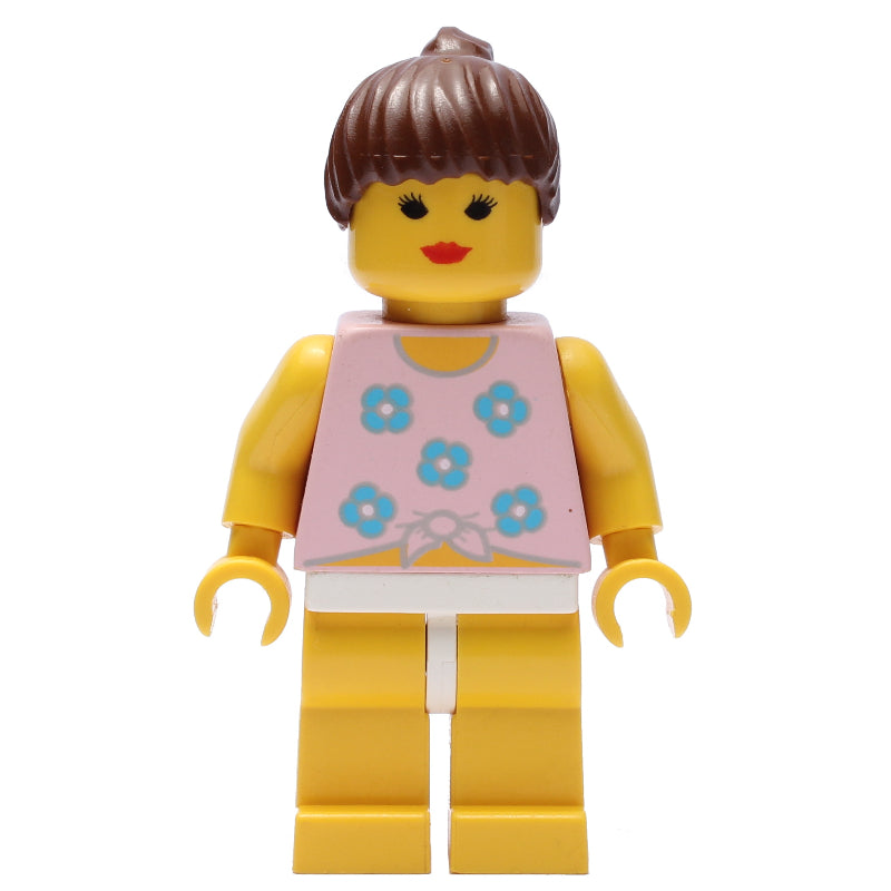 fig-008706 – Woman, Tied Pink Tank Top with Flowers, Yellow Legs, Brown Hair