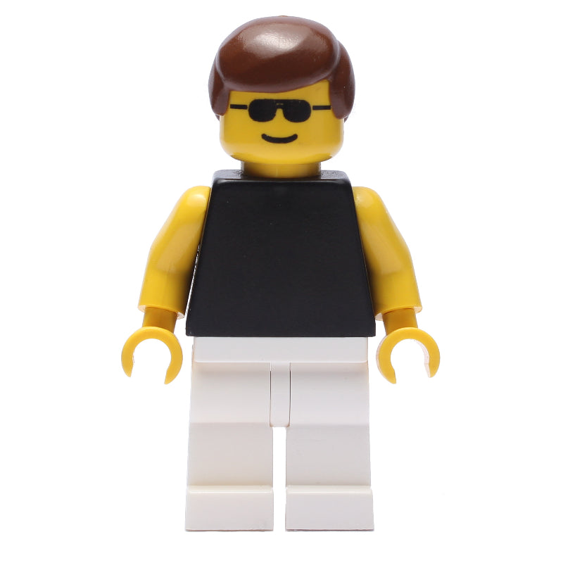 fig-008707 – Man, Black Torso with Yellow Arms, White Legs, Brown Hair, Sunglasses