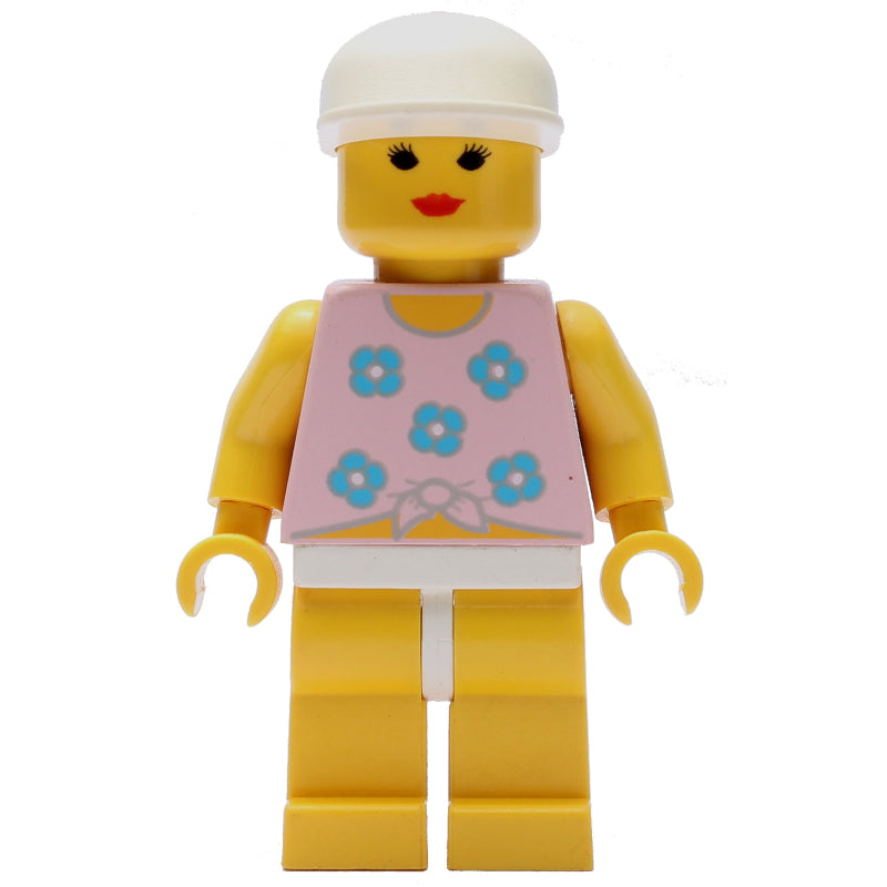 fig-008710 – Woman, Tied Pink Tank Top with Flowers, Yellow Legs, White Cap