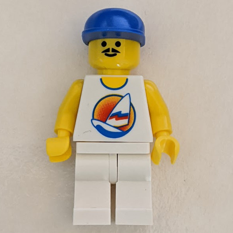 fig-008711 – Man, White Tank Top with Windsurfer, White Legs, Blue Cap, Moustache