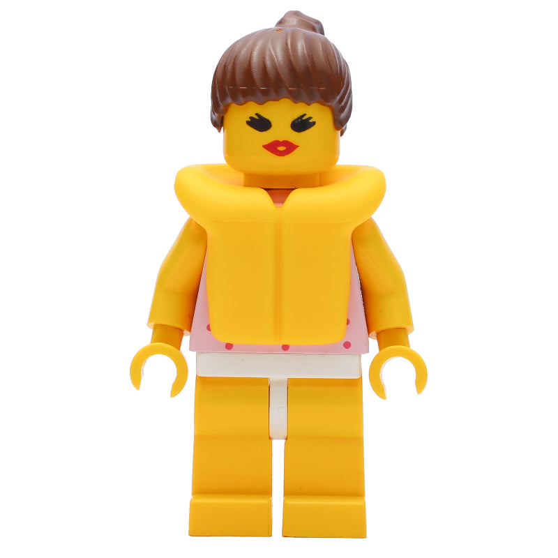fig-008712 – Woman, Pink Top with Spots, Yellow Legs, Brown Hair, Yellow Life Vest