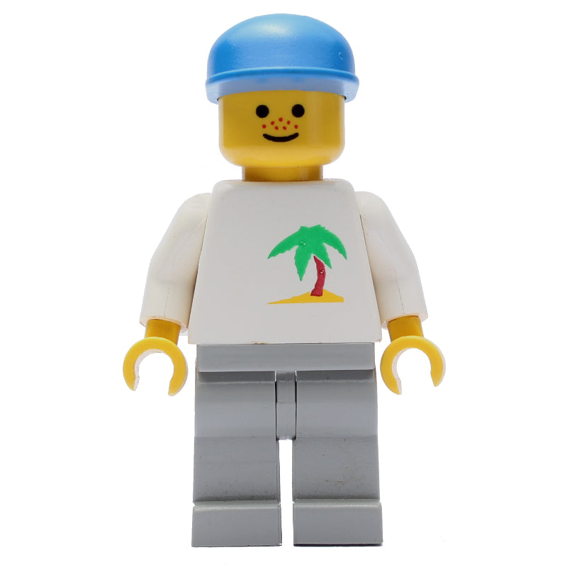 fig-008713 – Man, White Top with Desert Island, Light Gray Legs, Blue Cap