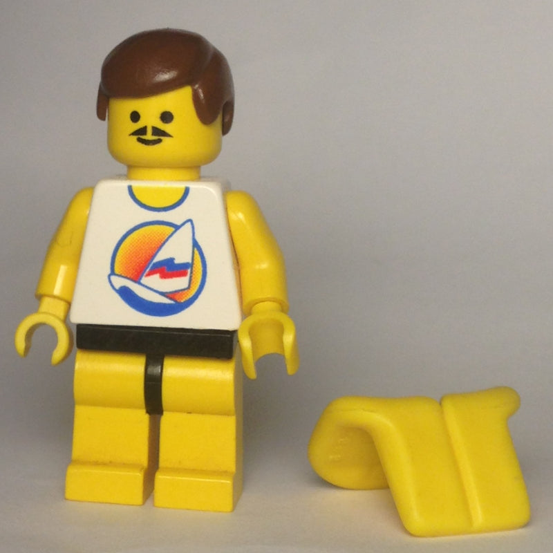 fig-008714 – Man, White Tank Top with Windsurfer, Yellow Legs, Brown Hair, Moustache