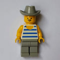 fig-008717 – Man, Blue and White Striped Tank Top, Light Gray Cowboy Hat, Moustache