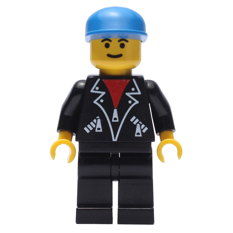 fig-008721 – Man, Open Black Jacket over Red Shirt, Black Legs, Blue Cap