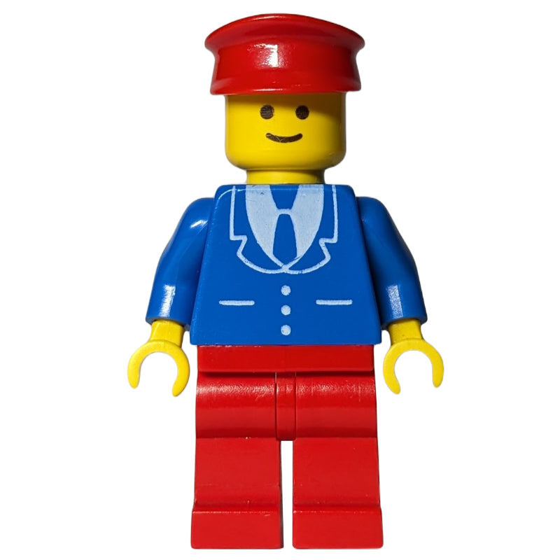 fig-008723 – Man, Blue Jacket with Tie and Three Buttons, Red Legs, Red Hat