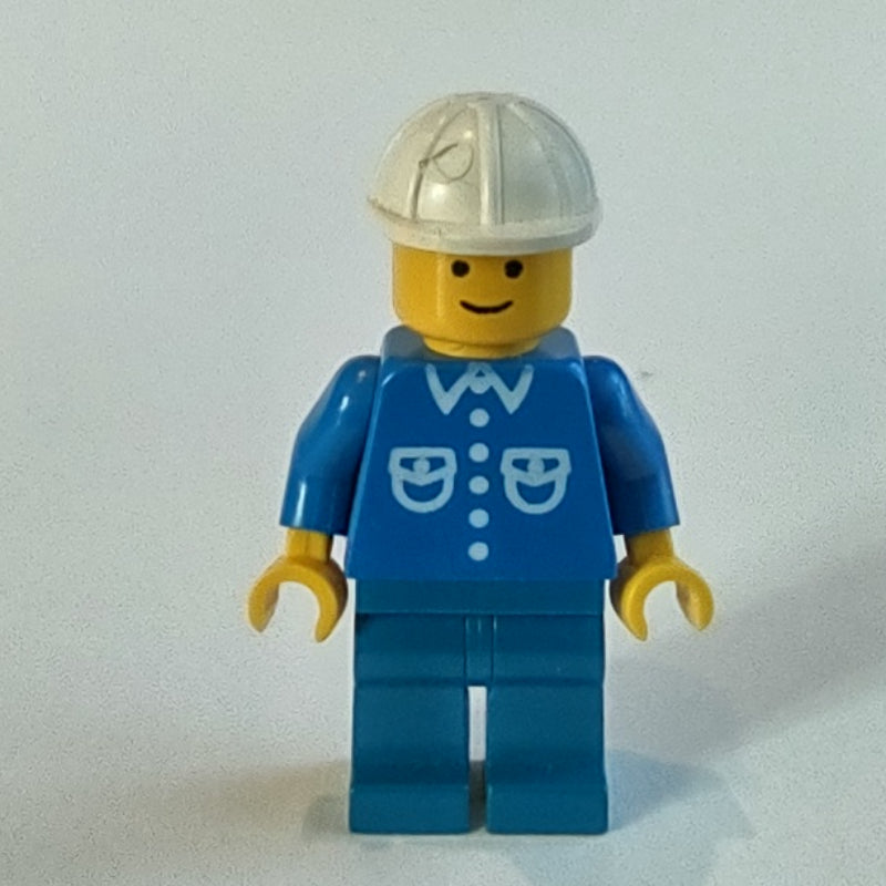 fig-008729 – Man, Blue Shirt with Buttons and Pockets, Blue Legs, White Hard Hat