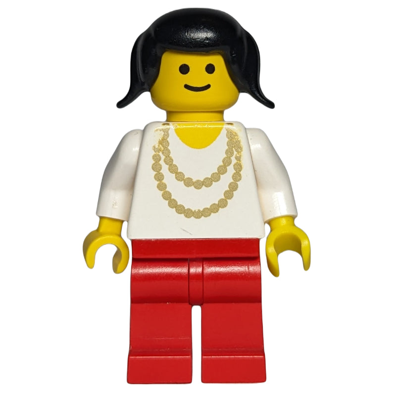 fig-008733 – Woman, White Shirt with Gold Necklace, Red Legs, Black Hair