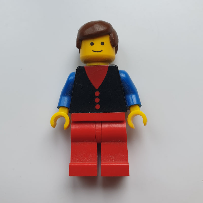 fig-008735 – Man, Black Vest over Red Shirt, Red Legs, Brown Hair