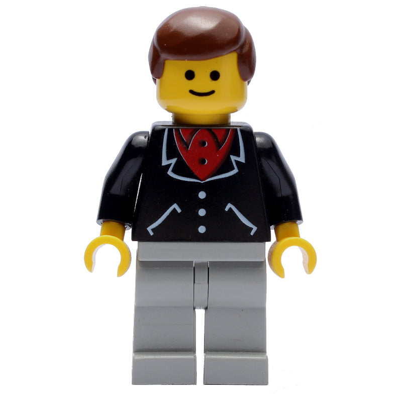 fig-008737 – Man, Black Jacket over Red Shirt, Light Gray Legs, Brown Hair (3626a Head)