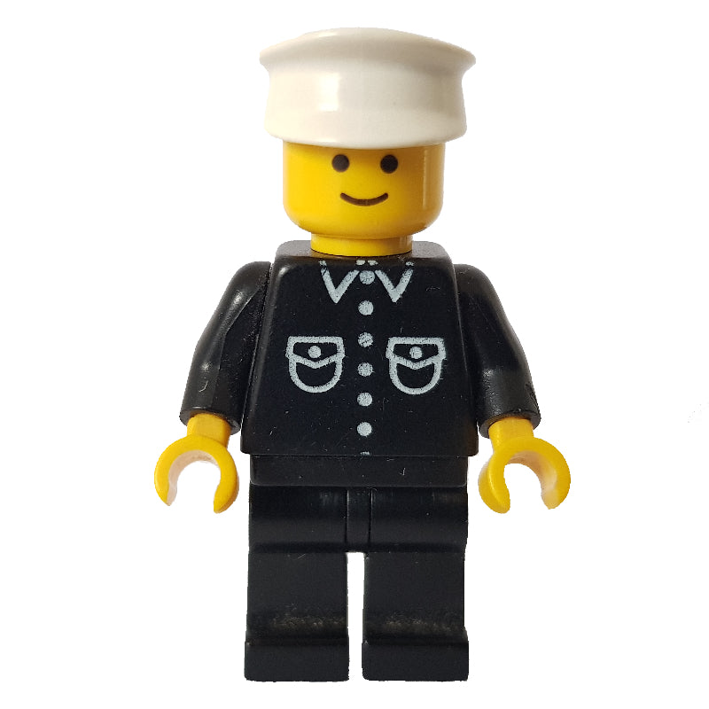 fig-008738 – Man, Black Shirt with Buttons and Pockets, Black Legs, White Hat