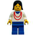 fig-008742 – Woman, White Top with Red Necklace, Blue Legs, Black Hair (3626a Head)
