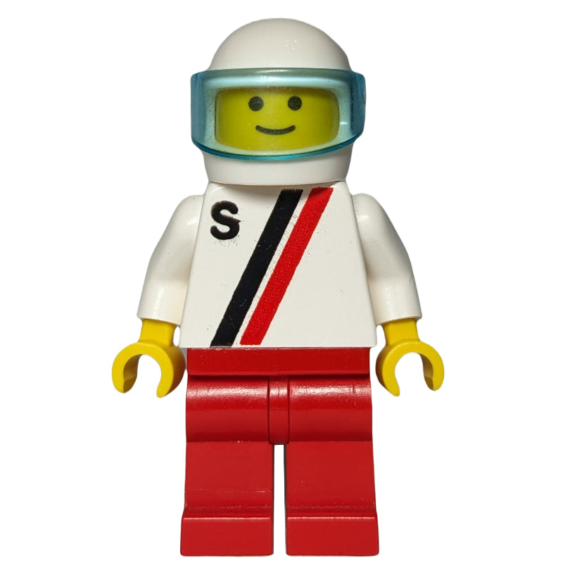 fig-008744 – Man, White Shirt with Two Stripes and 'S', Red Legs, White Helmet with Visor