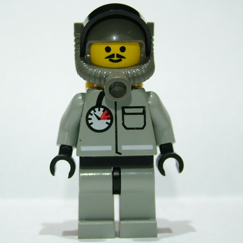 fig-008745 – Fireman, Light Gray Fire Suit with Gauge and Pocket, Dark Gray Helmet with Breathing Apparatus, Moustache