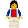 fig-008748 – Woman, White Top with Large Red Stripe and 2 Blue Stripes, White Legs, Black Hair