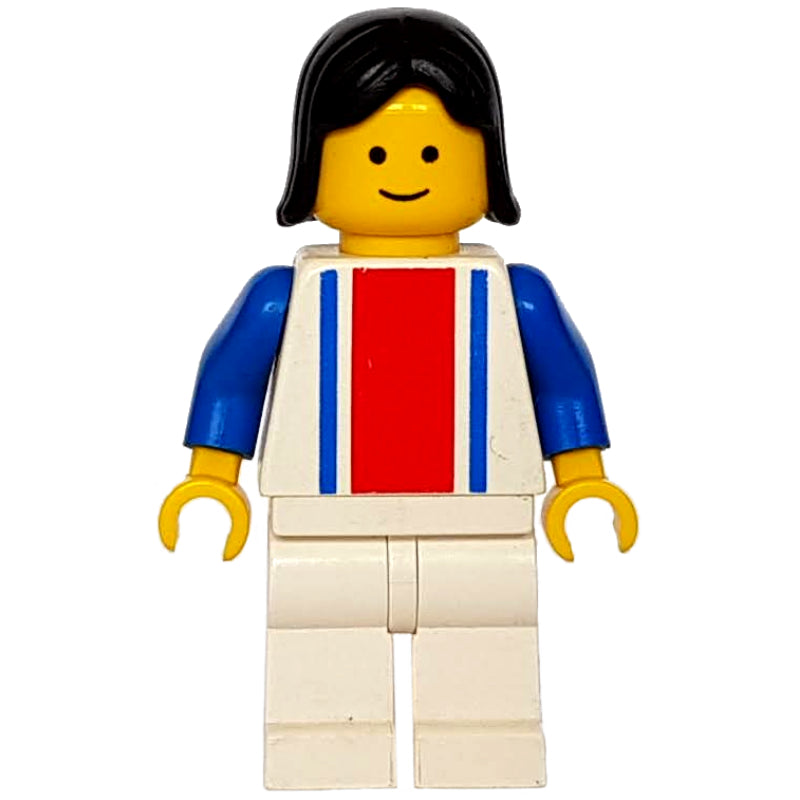 fig-008748 – Woman, White Top with Large Red Stripe and 2 Blue Stripes, White Legs, Black Hair