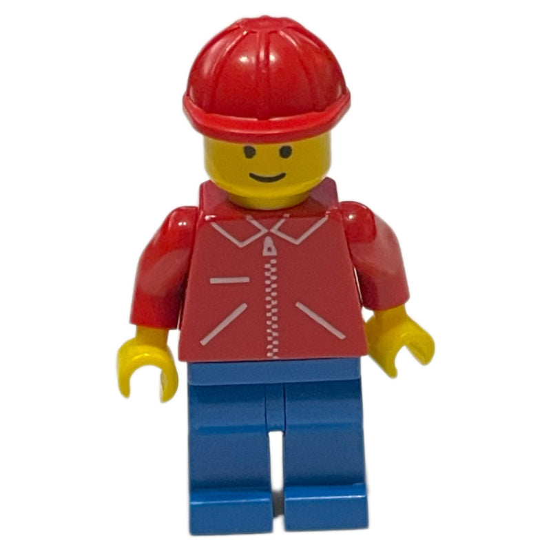 fig-008752 – Man, Red Jacket with Zipper, Blue Legs, Red Hard Hat