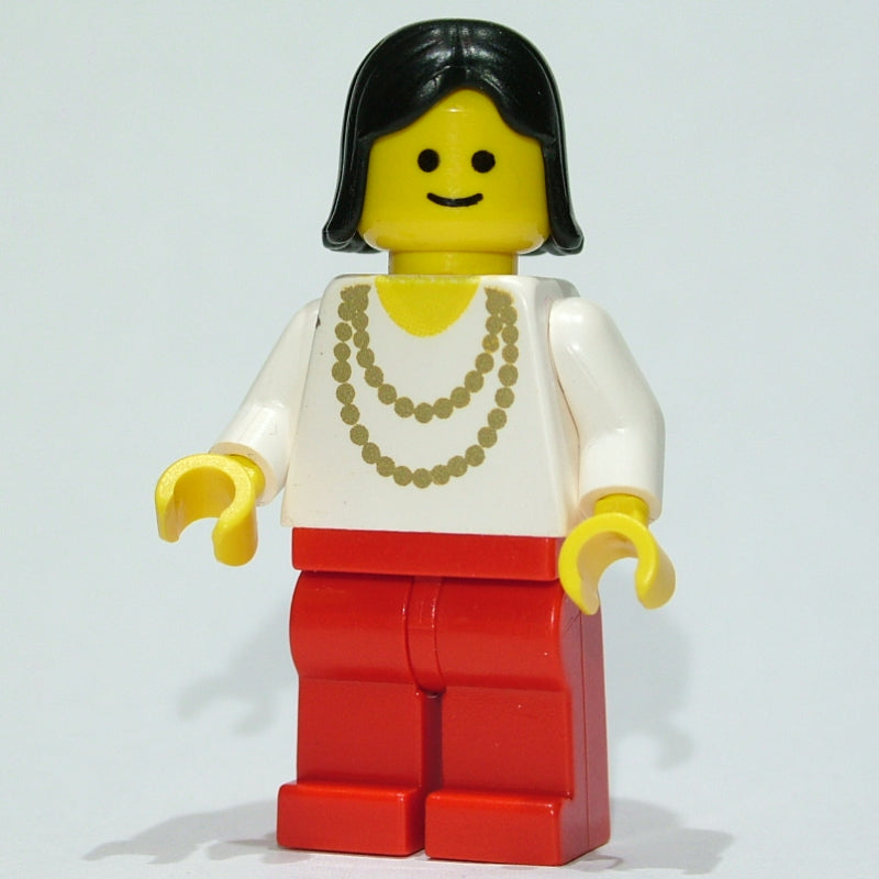 fig-008755 – Woman, White Shirt with Gold Necklace, Red Legs, Black Hair (3626b Head)