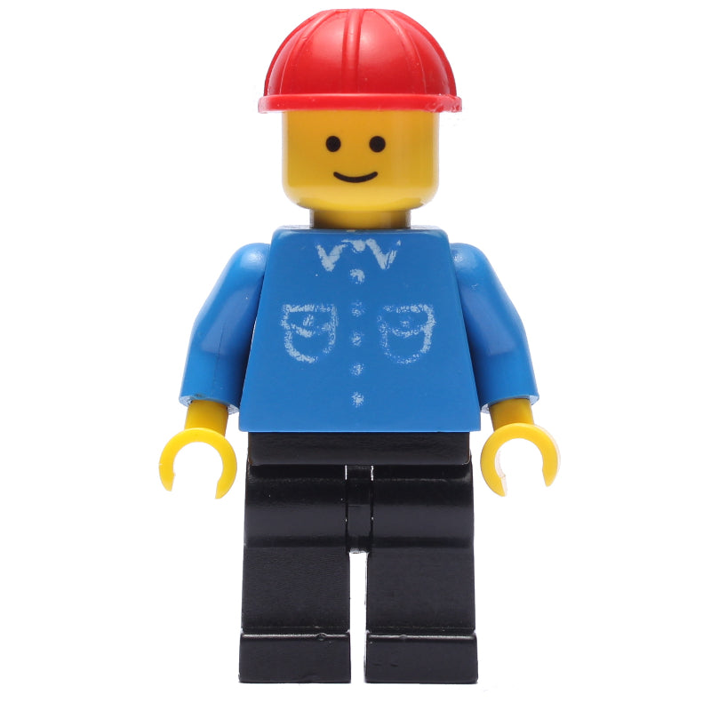 fig-008759 – Man, Blue Shirt with Buttons and Pockets, Black Legs, Red Hard Hat (3626b Head)