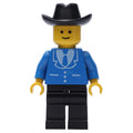 fig-008761 – Man, Blue Jacket with Tie and Three Buttons, Black Legs, Black Cowboy Hat (3626b Head)