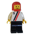 fig-008762 – Racer, White Shirt with Two Stripes and 'S', Black Legs, Red Helmet